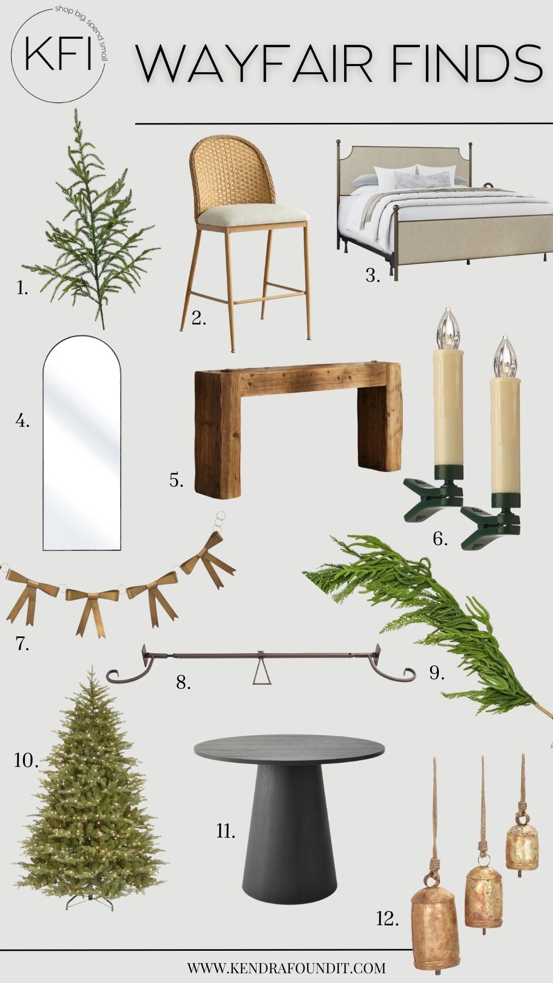 Rounding up my newest Wayfair finds — and this board is packed with modern organic home decor, affordable furniture, and neutral holiday pieces that look so high-end. 🎄

I linked everything: the wicker bar stools, the affordable arched wall mirror, the solid wood console table, the green clip-on Christmas tree candles, the cedar garland, the pre-lit Christmas tree, the black pedestal dining table, and the gold hanging bells. All super versatile pieces that work year-round and make your home feel warm, layered, and intentional.

Perfect for anyone searching for affordable home decor, neutral holiday decor, modern organic furniture, budget-friendly room decor, or designer look for less pieces. These are some of my best finds yet — linked all 12 items here. #wayfairpartner #wayfair @wayfair #ad

#LTKHoliday #LTKCyberWeek #LTKHome