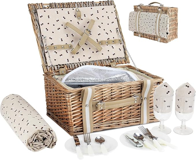 Willow Picnic Basket Set for 2 Persons with Large Insulated Cooler Bag and Waterproof Picnic Blan... | Amazon (US)