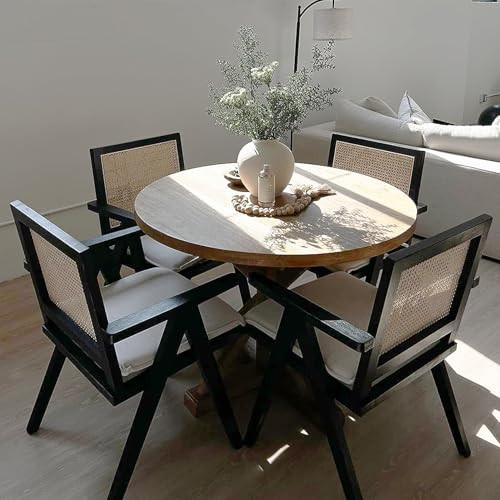 ZH4YOU Black Rattan Dining Chairs Set of 4, Mid Century Modern Linen Upholstered Kitchen Chairs with Cane Back Comfy Armchair for Dining Room/Kitchen/Living Room, Black Beige | Amazon (US)