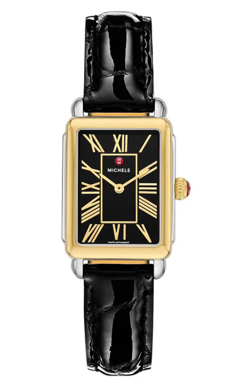 MICHELE Deco Park Two-Tone Leather Strap Watch, 23mm x 29mm in Black/Two Tone at Nordstrom | Nordstrom