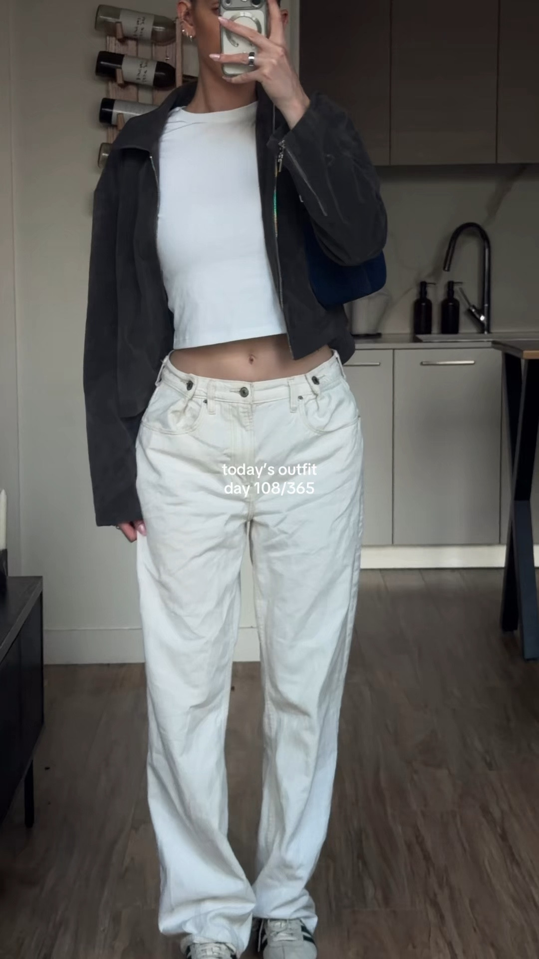 what I’m wearing today ☁️ casual spring outfit idea 
day 108 of 365 days of outfits 

@abercrombie & fitch white baggy loose fit jeans 
@UNIQLO USA white cropped tshirt 
@PEPPERMAYO grey suede jacket 
@Le Tanneur denim suede shoulder bag 
@adidas tokyo low-profile sneakers 

#ootd #everydaylook #dailystyle #springoutfitideas #casualstyle 

#LTKootd #LTKgrwm #LTKTall