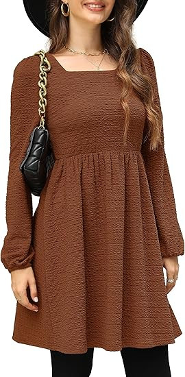 Doreyi Womens Babydoll Dresses Square Neck Long Sleeve Knee Length Flowy Swing Shirring Mini Dres... | Amazon (US)