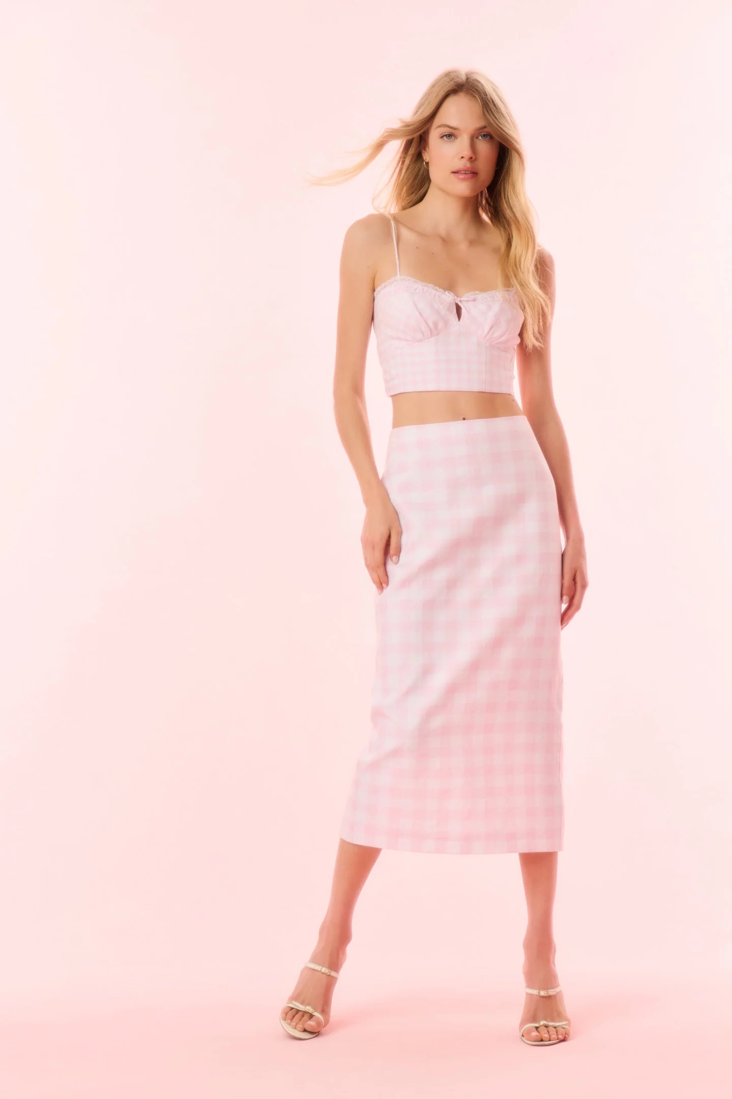 Biselle Linen Gingham Midi Skirt - ANGEL PINK / 0 | LoveShackFancy