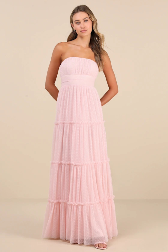 Sweetness Light Pink Mesh Swiss Dot Tiered Maxi Dress | Lulus