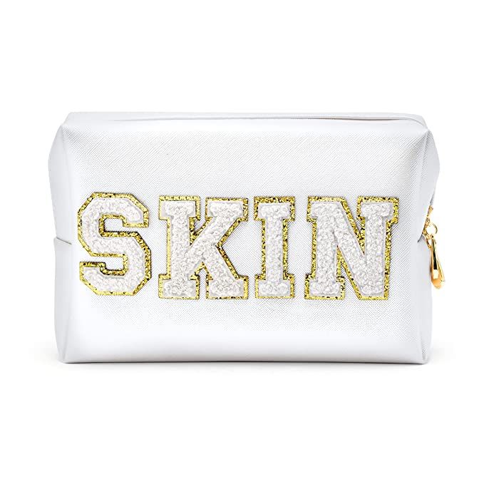 Amazon.com : Y1tvei Preppy Patch SKIN White Letter White Cosmetic Toiletry Bag PU Leather Portabl... | Amazon (US)