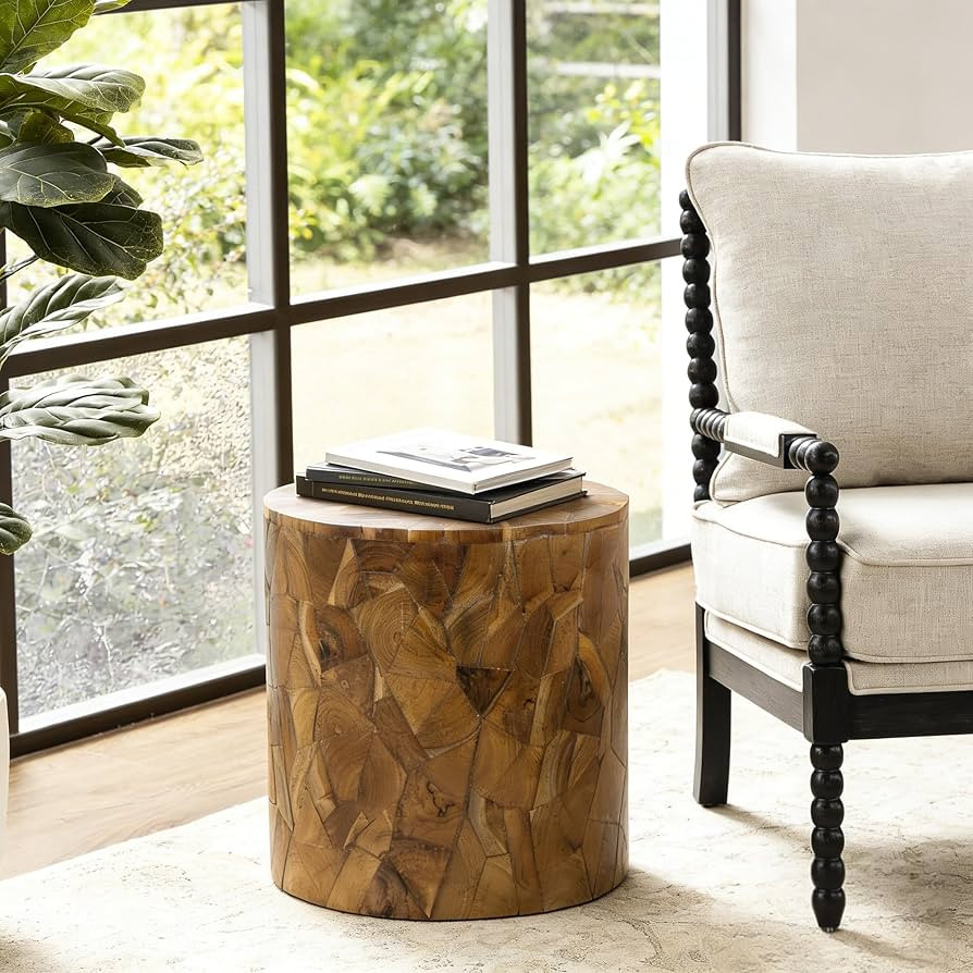 DUHOME Wood Round Side Table, Hand-Pieced Solid Wood Surface with Natural Tone, Boho Rustic Mosai... | Amazon (US)