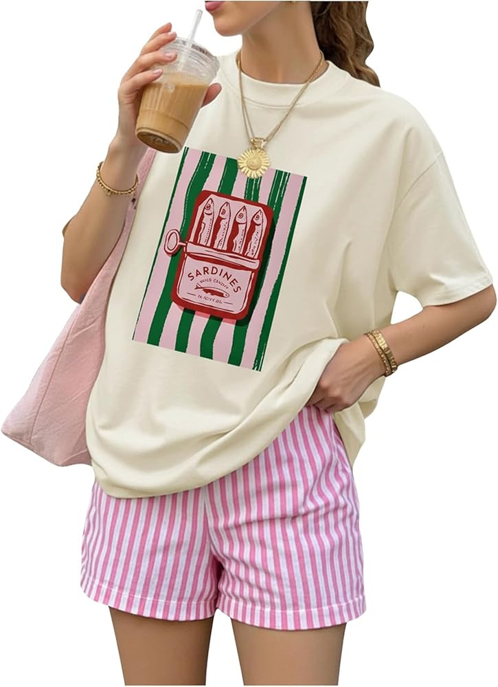 SweatyRocks Women's Plus Size 2 Piece Outfits Summer Short Sets Sardine Graphic T Shirt and Strip... | Amazon (US)