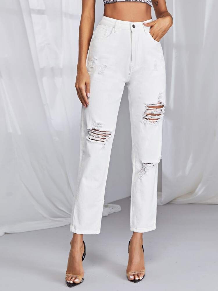 High Waisted Ripped Detail Jeans | SHEIN