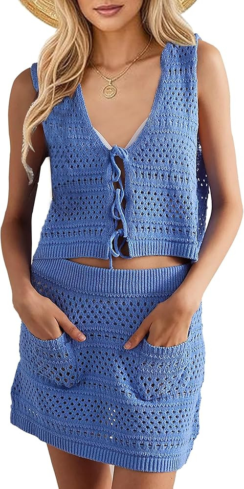 Peaceglad Womens 2 Piece Crochet Swimsuit Coverup Set V Neck Bathing Suit Tie Front Tops Mini Ski... | Amazon (US)