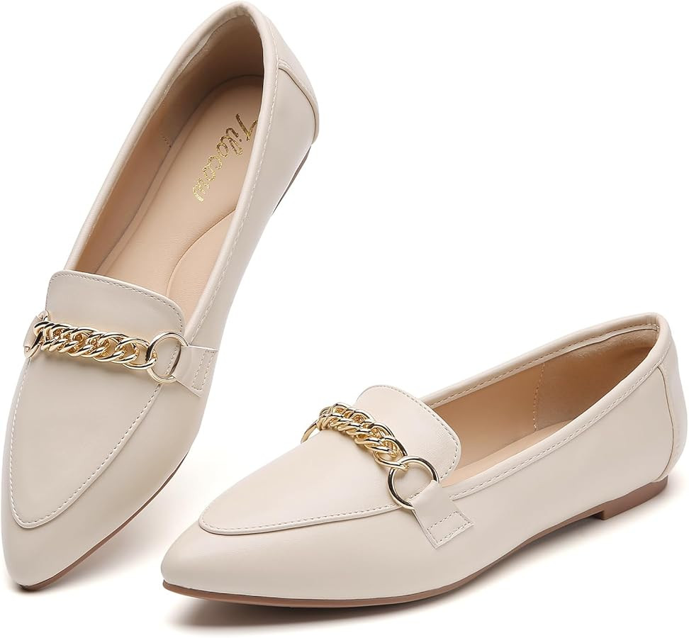 Tilocow Metal Chain Loafers for Women Pointed Toe Slip on Flats Comfortable Fashion Work Shoes | Amazon (US)