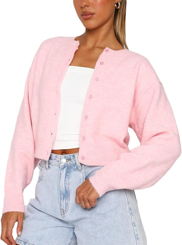 Women Y2K Button Front Crop Sweater Cardigan Solid Color Crew Neck Long Sleeve Knit Fall Tops Str... | Amazon (US)