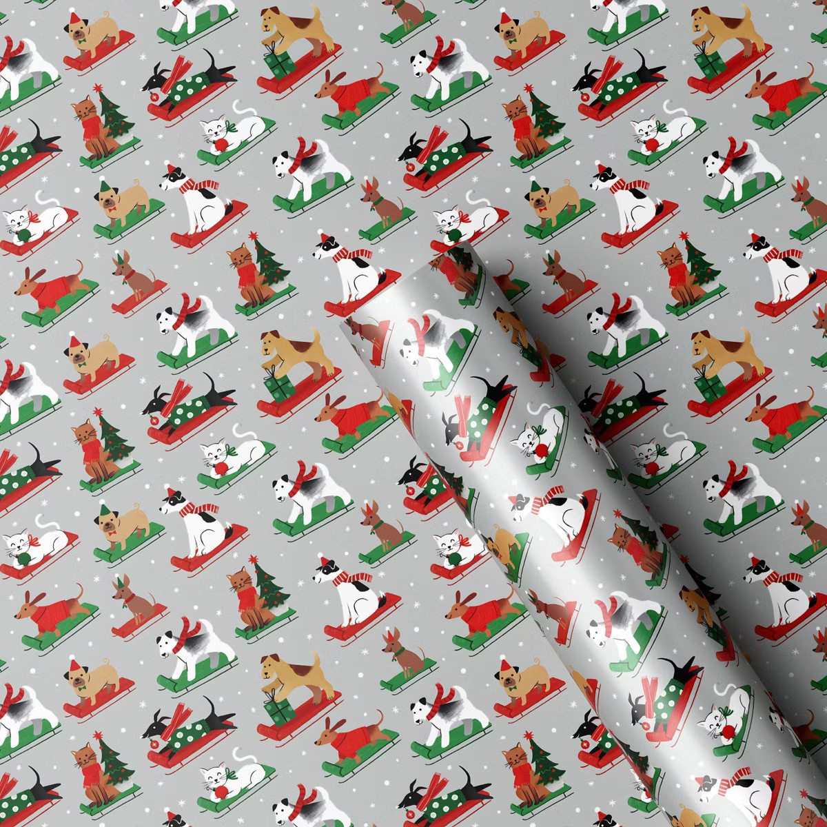 40" 125 sq ft Christmas Roll Wrap Pets on Gray - Wondershop™ | Target