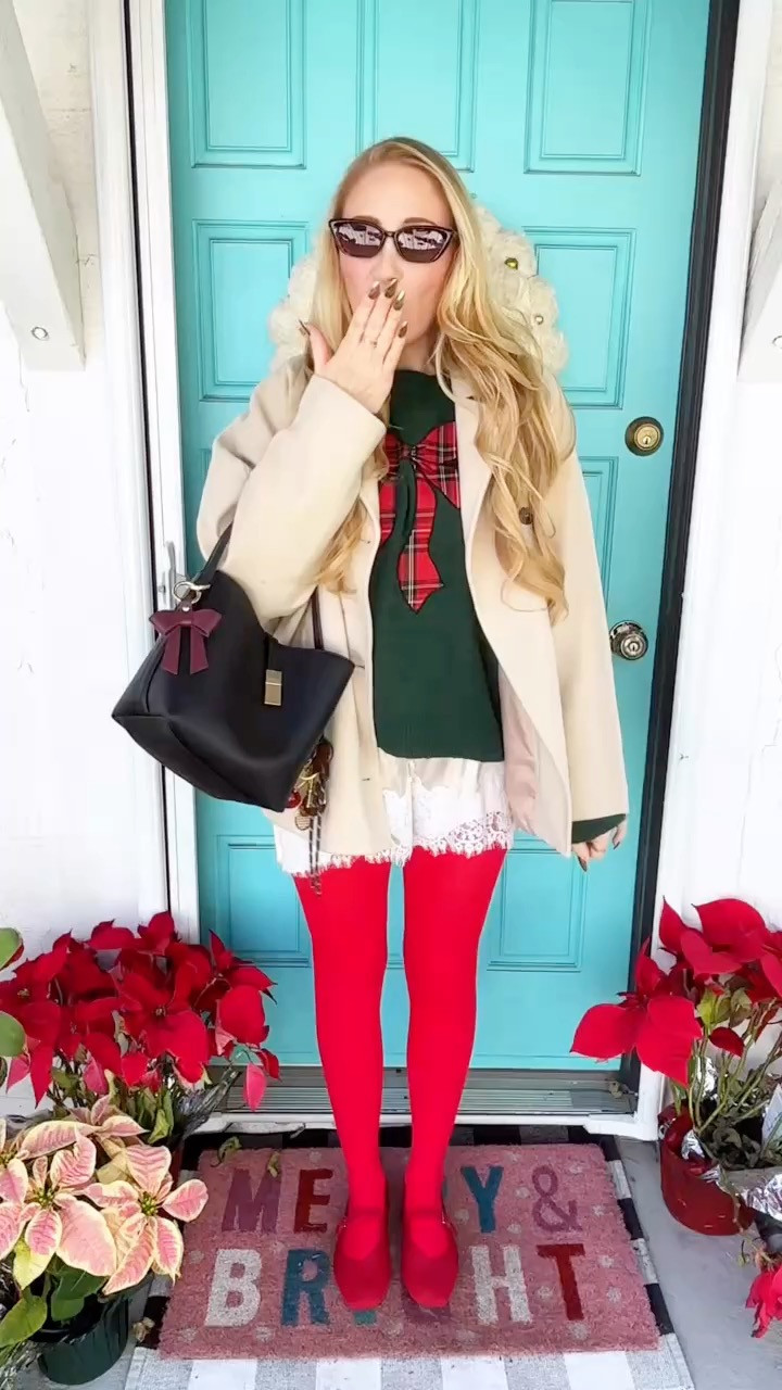 festive and colorful christmas outfit idea with red tights, satin shorts, a plaid bow sweater and all the buddy the elf aesthetic 🎁 

Wearing L in tights, M in satin shorts, sweater and jacket at 140 lbs and 5'7" for reference.

Christmas outfit ideas, colorful Christmas style, elf the movie style, bow Christmas sweater, colorful tights, colorful Christmas, festive style 

 #LTKHoliday #LTKFindsUnder50 #LTKFindsUnder100
