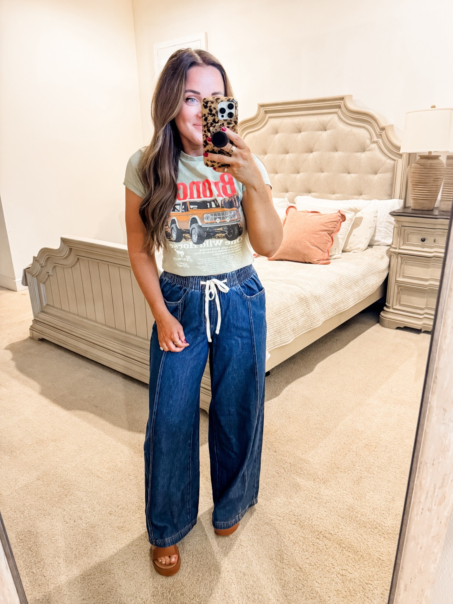 Top - M, denim - S (in between size down)
5’2” 145 lbs 
—
Target denim | Relaxed denim | Chambray denim | Tie waist denim | Bronco Tshirt | Ford Bronco | Graphic Tshirt | Amazon sandals | Platform sandals 

#LTKWorkwear #LTKShoeCrush #LTKFindsUnder50