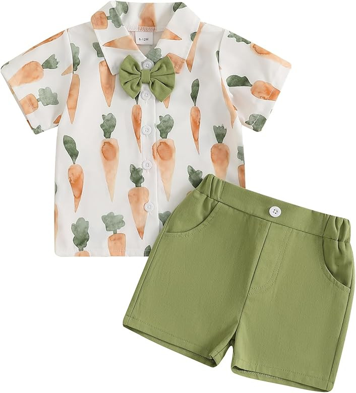 Toddler Boy Easter Outfits Bunny Carrot Print Short Sleeve Button Down Shirt Top Shorts Set Gentl... | Amazon (US)