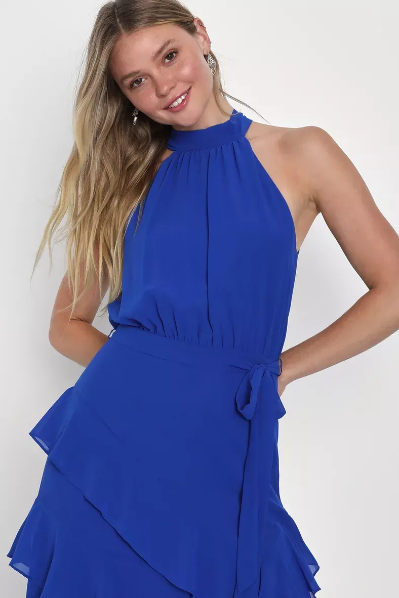 Royal Blue Mini Dress - Halter Dress - Ruffled Mini Dress - Lulus