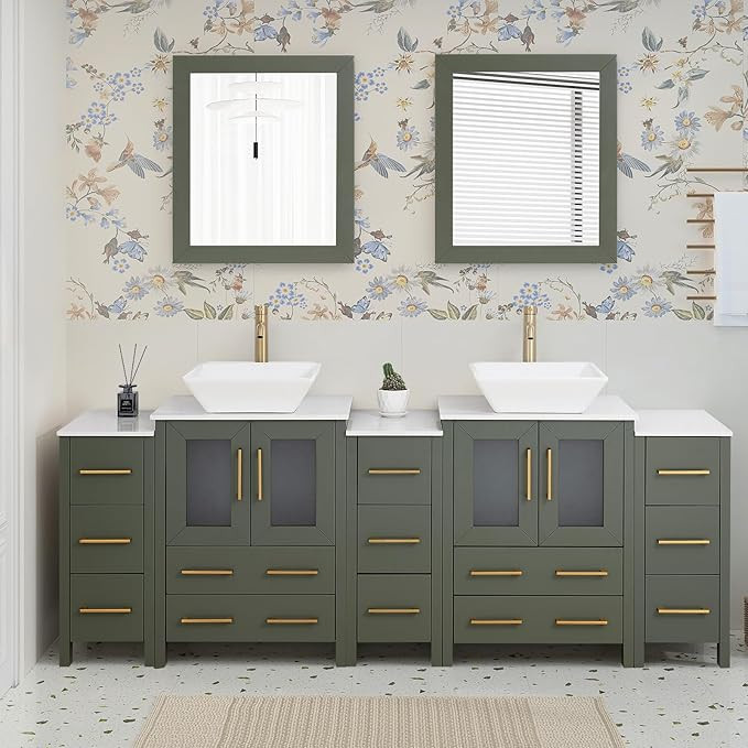 HOMEBEYOND 84" Bathroom Vanities Cabinet Modern Vessel Double Sink with 2 Wall Mirror,Engineered ... | Amazon (US)