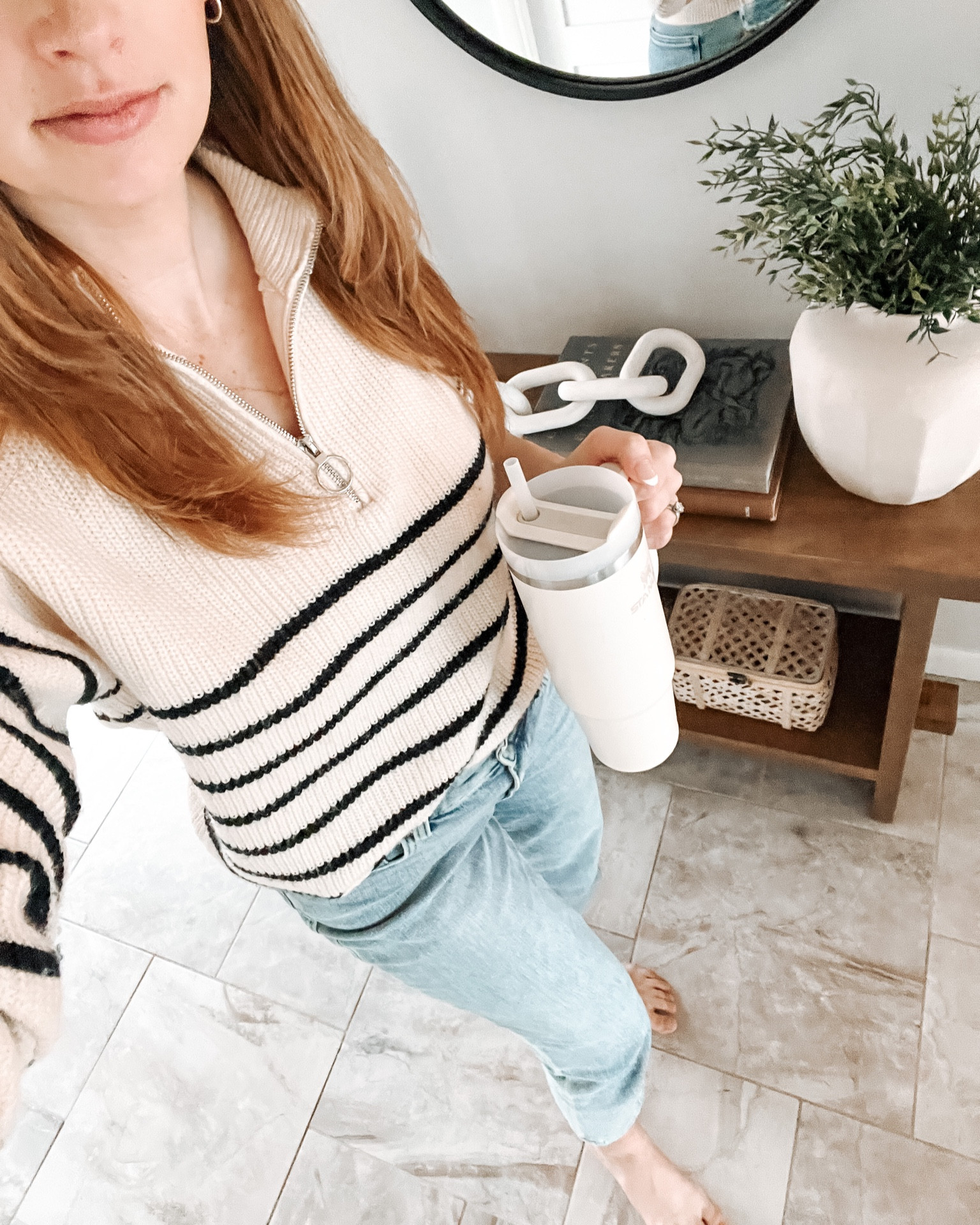 striped drop shoulder zipper front sweater
