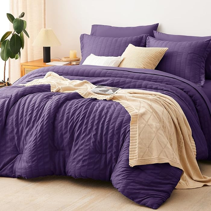 CozyLux Full Size Comforter Sets with Sheets 7 Pieces, Purple Seersucker Bed in a Bag Textured Lu... | Amazon (US)