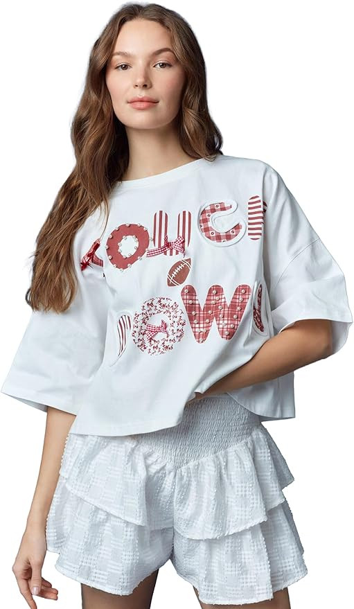 Hey Sweetie Women's 'Touch Down' Graphic Cotton Terry Cropped Round Neck Short Sleeve Casual Top | Amazon (US)