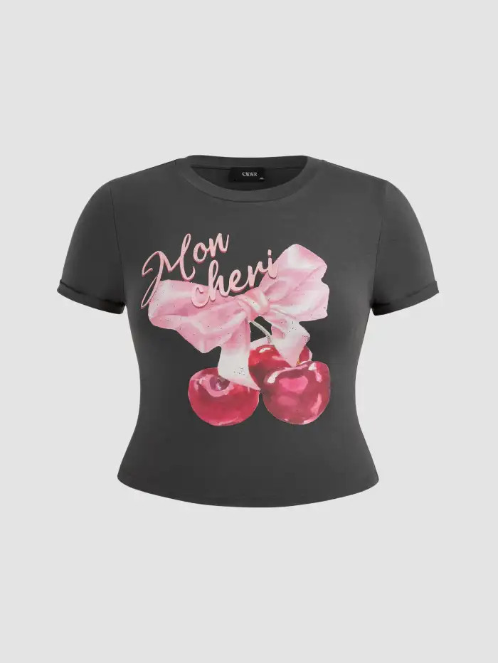 Round Neckline Bowknot & Cherry Graphic Short Sleeve Tee Curve & Plus | Cider
