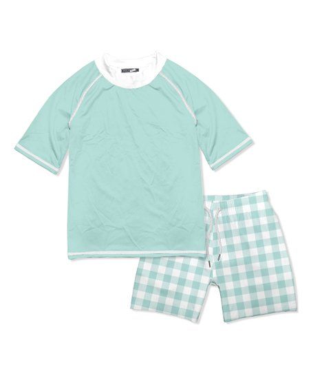 Mint & White Gingham Short-Sleeve Rashguard Set - Infant, Toddler & Boys | Zulily