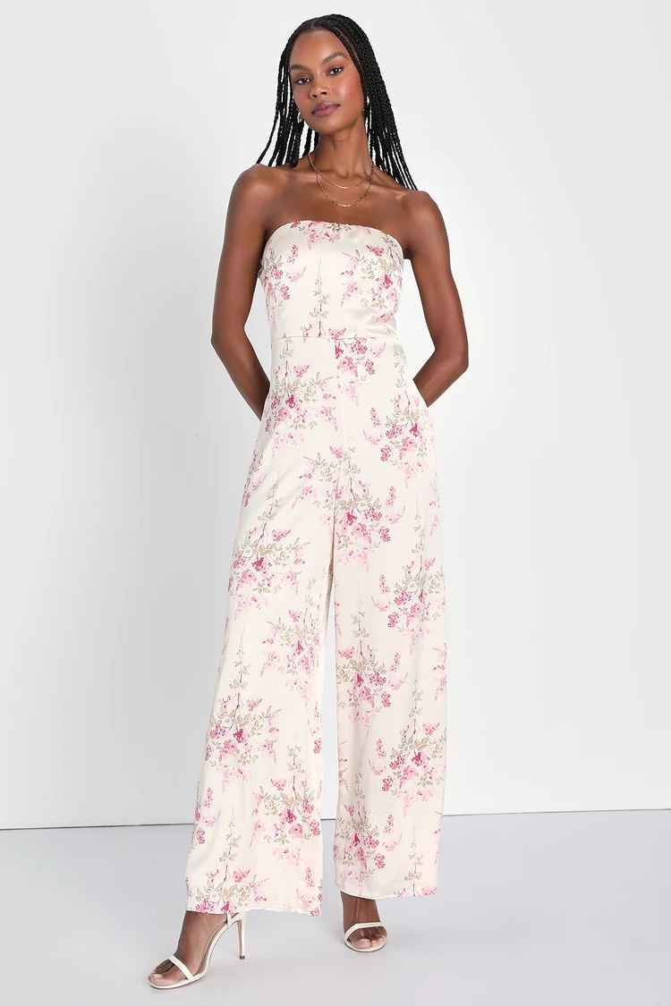 Beautiful Sentiment Champagne Floral Satin Cowl Back Jumpsuit | Lulus (US)