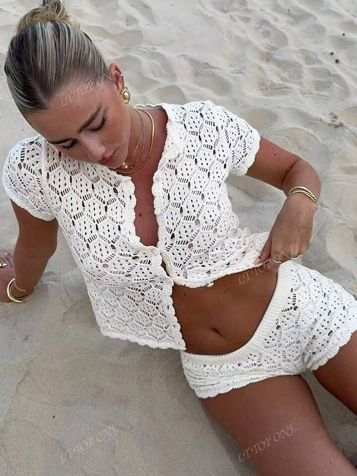 Women's Summer Vacation Outfits Crochet Mesh Sexy Hollow Beach Short Sleeve Knit Cardigan +Shorts 2 Pieces Set - Vacation 2 Pieces Sets Woman, Crochet Cover Club Outfits Women Sexy Slim Fit | SHEIN