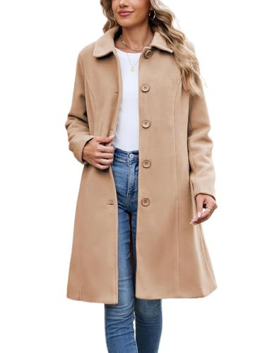 UANEO Womens Pea Coat Faux Wool Single Breasted Long Trench Coat Peacoat Dress Coat Winter (Camel-M) | Amazon (US)