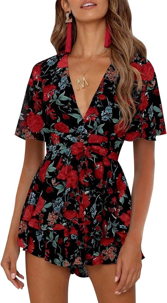 AIMCOO Women's Floral Print Deep V-Neck Romper Double Layer Ruffle Hem Jumpsuits Short Flare Slee... | Amazon (US)
