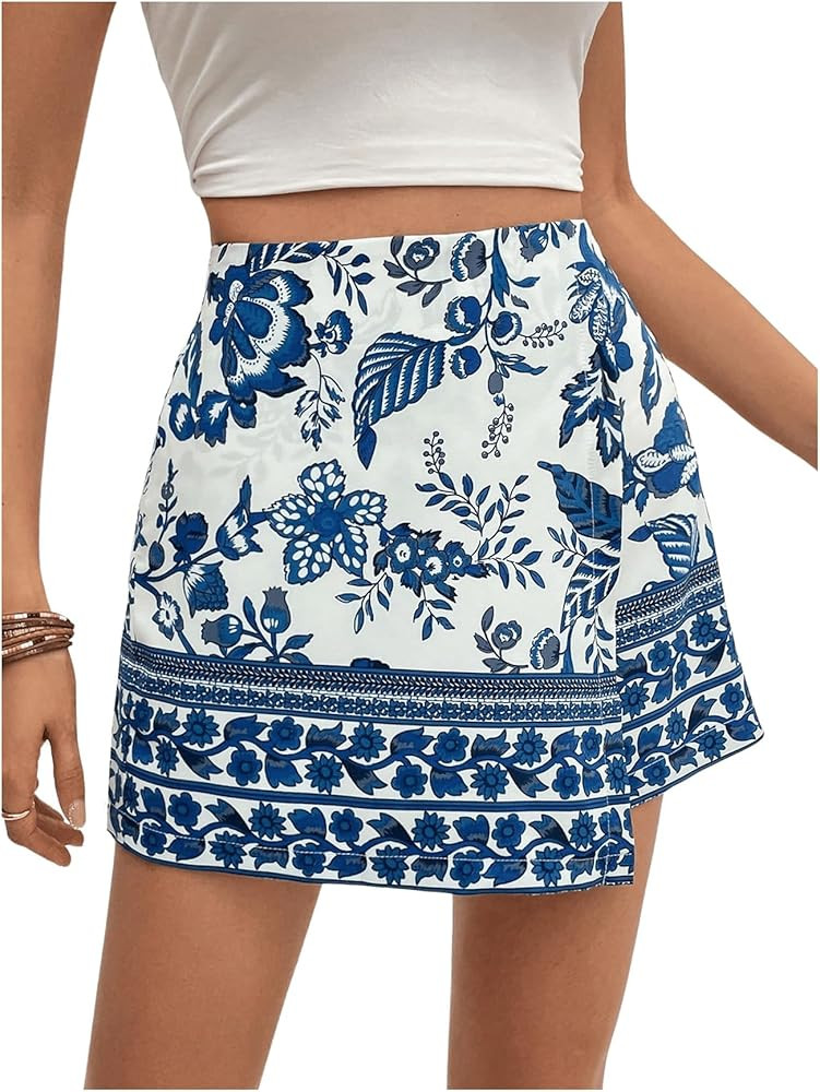 WDIRARA Women's Wrap Mini Shorts Floral Print Asymmetrical Hem High Elastic Waist Skorts | Amazon (US)