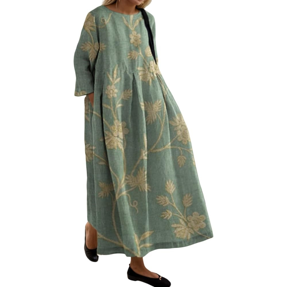 Akivide Womens Casual Loose 3/4 Sleeve Cotton Boho Floral Maxi Dresses Oversized Round Neck Long ... | Amazon (US)