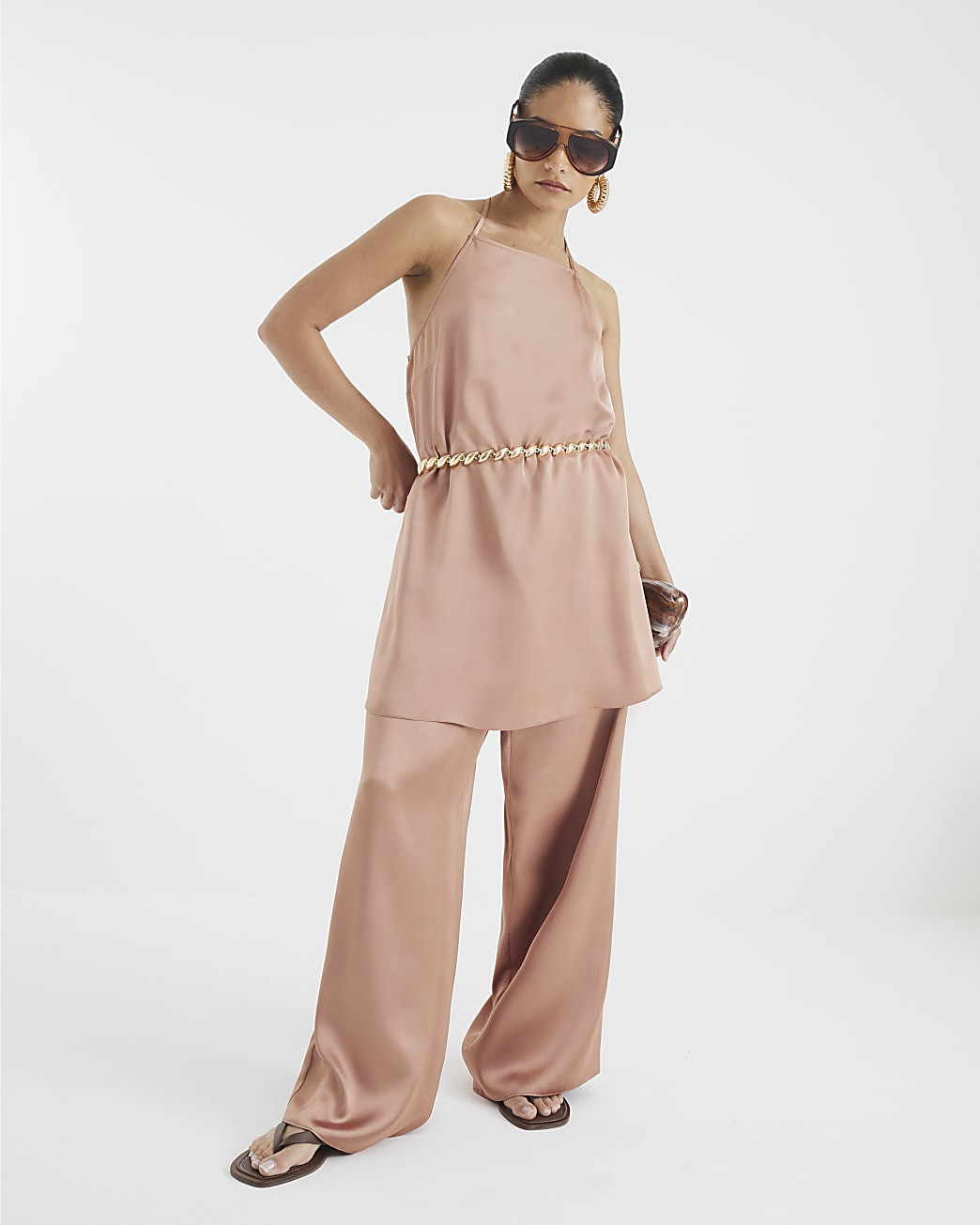 Petite Brown Satin Straight Leg Trousers | River Island UK & IE