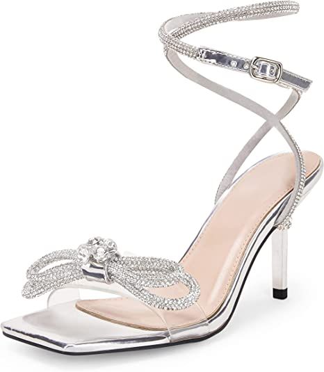 Coutgo Womens Rhinestone Bow Heels Sandals Strappy Lace Up Stiletto Satin Pumps Wedding Dress Sho... | Amazon (US)