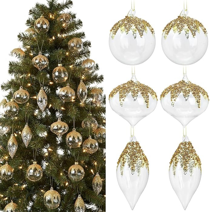 Yerliker 12 Pcs Clear Christmas Glass Ball Ornaments Gold Sequined Glitter Ball Christmas Tree De... | Amazon (US)