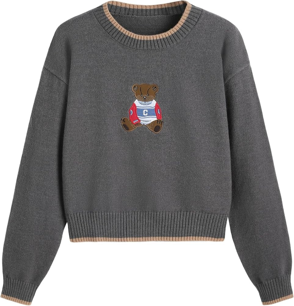 CIDER Women's Fall Sweaters Long Sleeve Cute Sweaters Bear Graphic Crewneck Soft Knit Casual Crop... | Amazon (US)