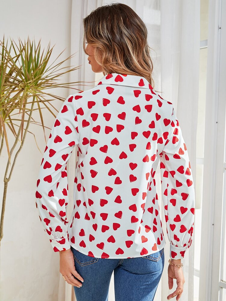 Heart Print Lapel Collar Blouse | SHEIN