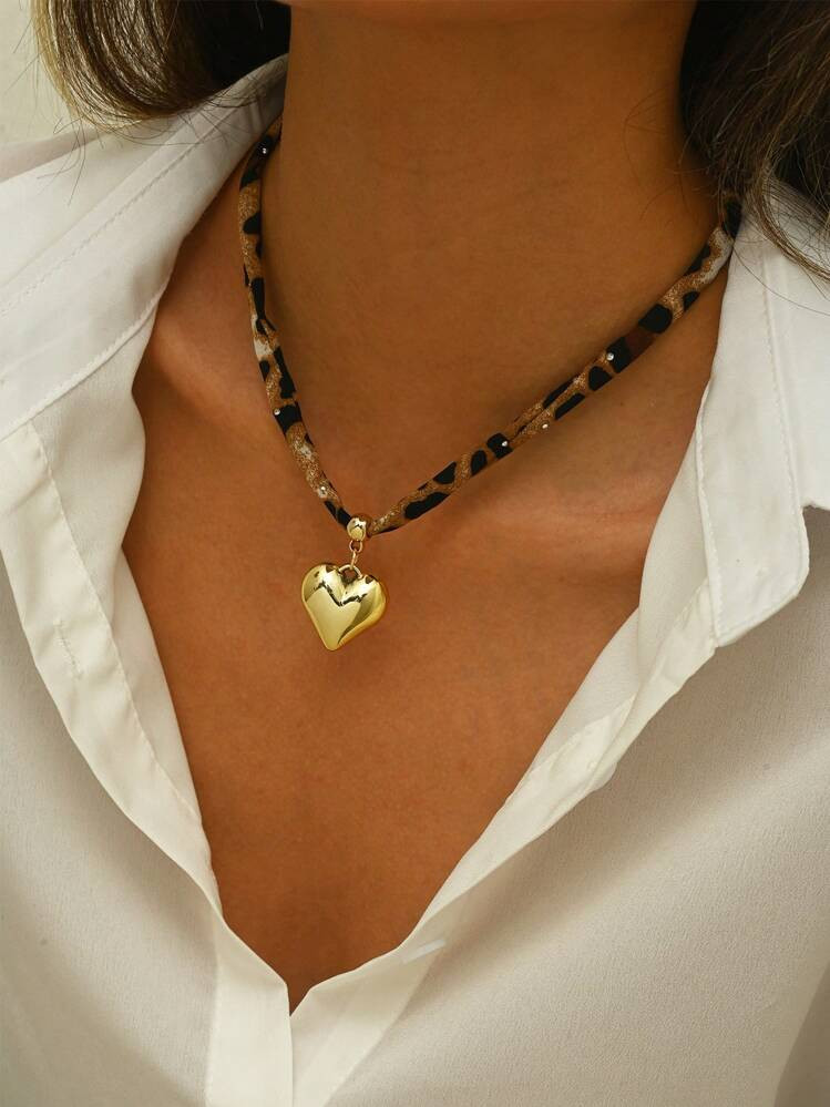 1pc Leopard Printing Necklace, Heart Bow Star Pendent Necklace, Winter Necklace, Daily Acccessory, Dating, Party Necklace, Woman Gift, Valentine's Day Gift | SHEIN