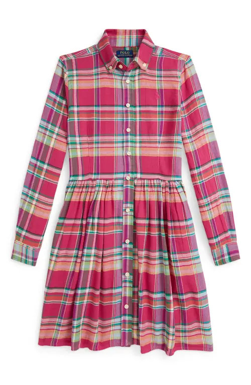 Polo Ralph Lauren Kids' Long Sleeve Plaid Shirt Dress in Pink-Purple-Green Multi at Nordstrom, Size 10 | Nordstrom