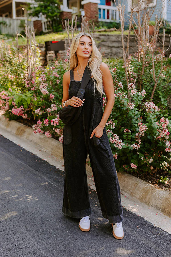 Cue The Charm Wide Leg Waffle Knit Jumpsuit in Vintage Black | Impressions Online Boutique