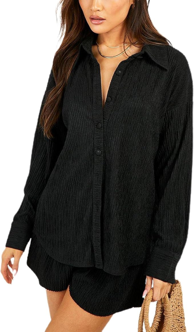 Sunwittafy Womens Casual 2 Piece Outfits Shorts Set Fashion Long Sleeve Button Down Shirt Short P... | Amazon (US)