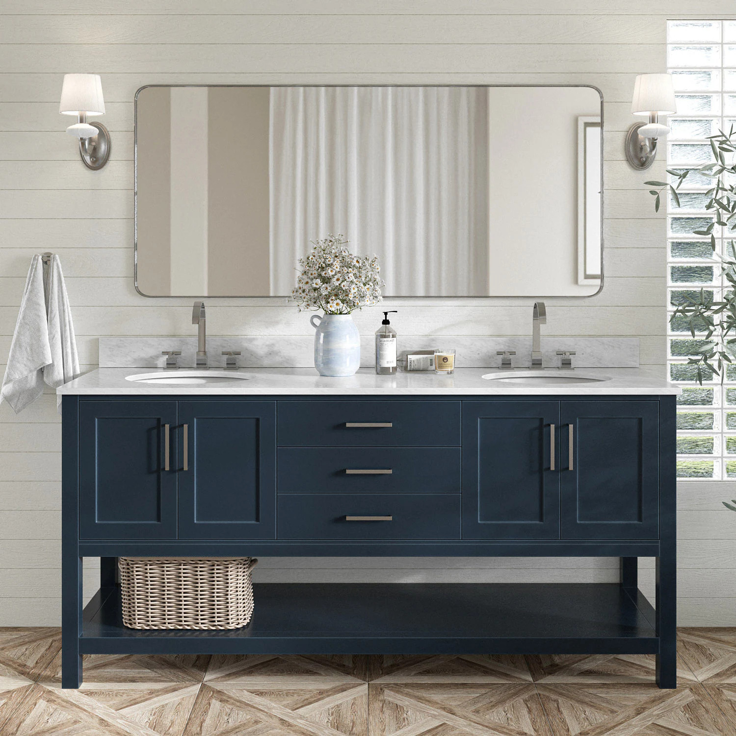 ARIEL Magnolia 73-in Midnight Blue Undermount Double Sink Bathroom Vanity with 0.75"" Carrara White Marble Natural Marble Top | S073DCW2OVOMNB | Lowe's