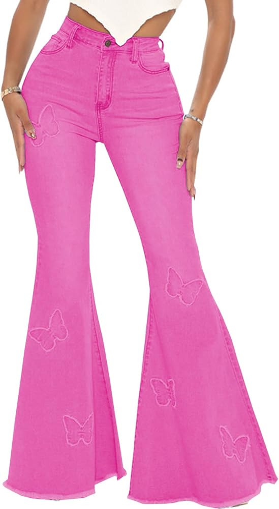 Women's Butterfly Bell Bottom Jeans Elastic High Waisted Embroidered Classic Flareed Jeans Raw He... | Amazon (US)