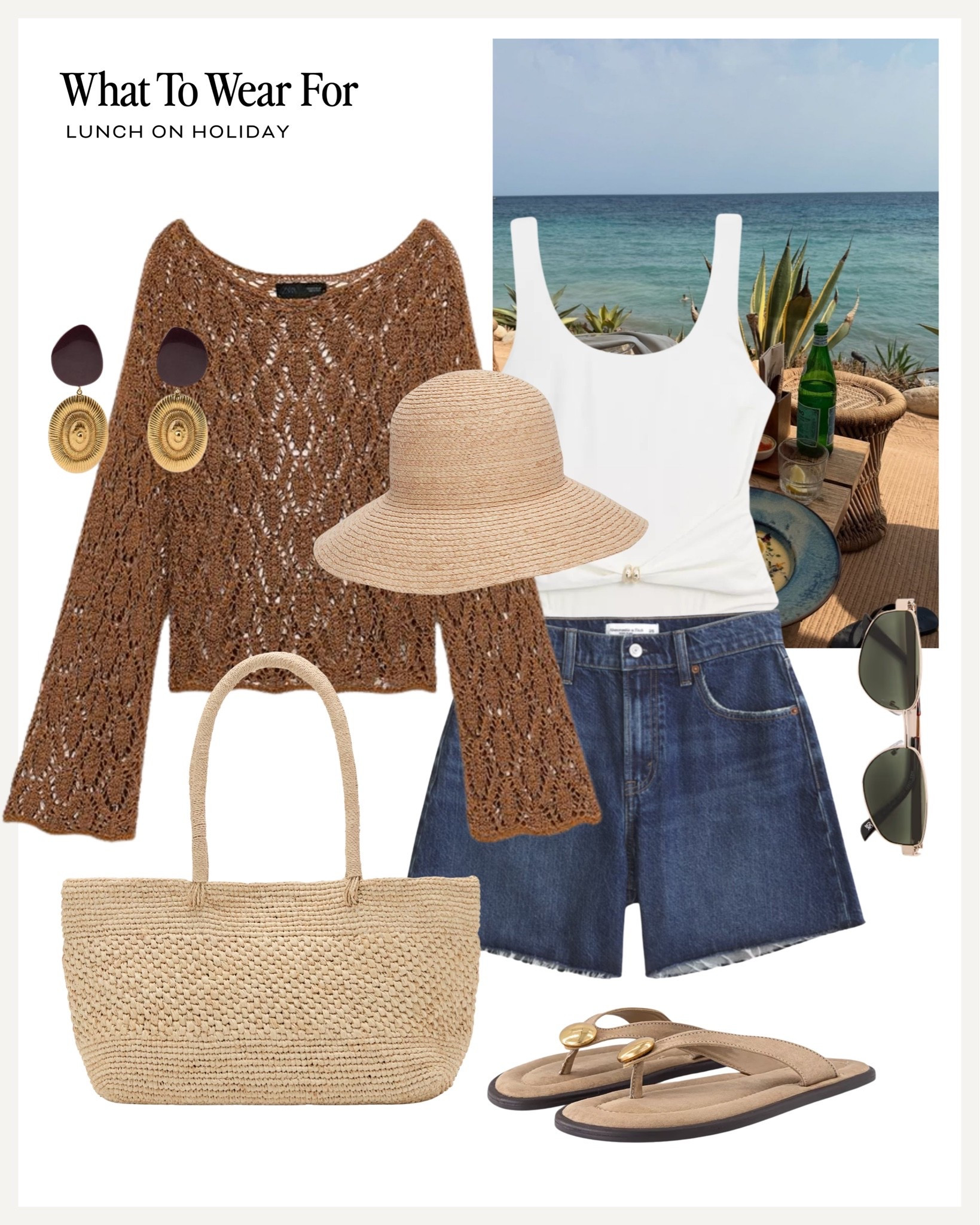Lunch on holiday 🏝️ 

Denim shorts, Ibiza outfit, crochet top, straw bag, sandals, white swimsuit

#LTKsummer #LTKswimwear
