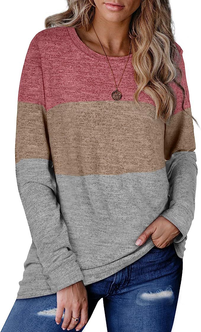Amazon.com: WEESO Sweaters for Women Long Sleeve Color Block Casual Round Neck Cute Tunic Tops : ... | Amazon (US)