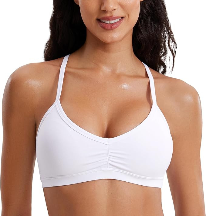 CRZ YOGA Butterluxe Womens Ruched V Neck Sports Bra - Y Back Spaghetti Thin Strap Wireless Padded... | Amazon (US)