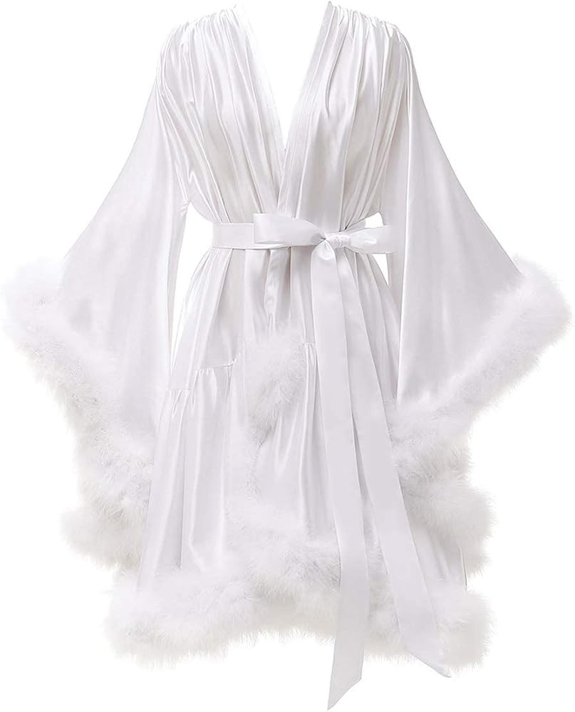 Changuan Womens Feather Robe Silk Satin Bridal Robe Wedding Dressing Gown Bridesmaid Robes Linger... | Amazon (US)