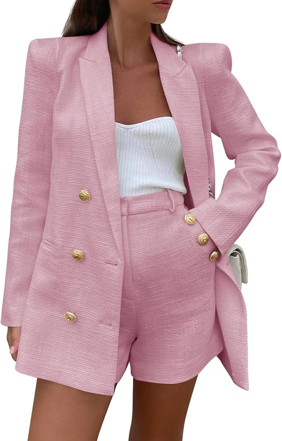 Cicy Bell Womens 2 Piece Tweed Blazer Shorts Sets Long Sleeve Double Breasted Suit Jackets Busine... | Amazon (US)