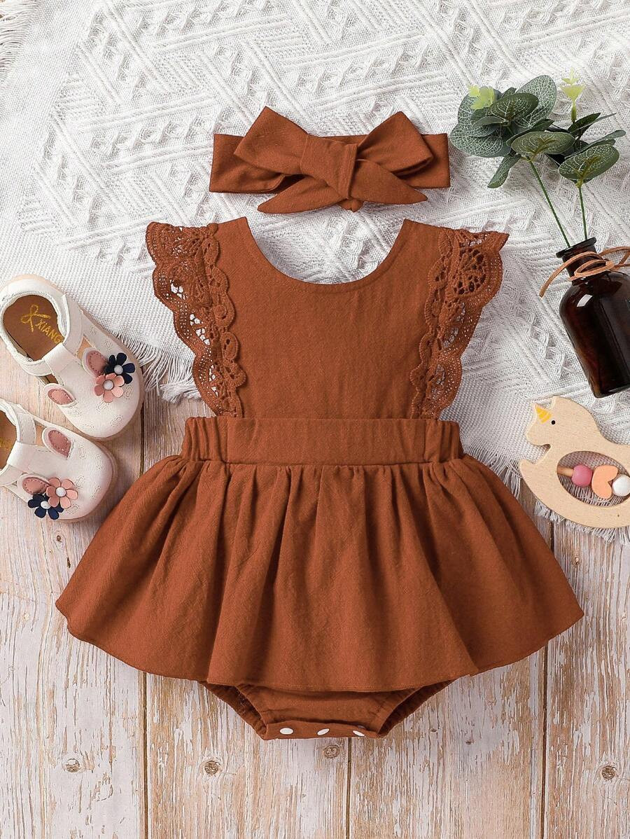 Baby Girl Fashion Summer Solid Color Lace Trimmed Dress | SHEIN