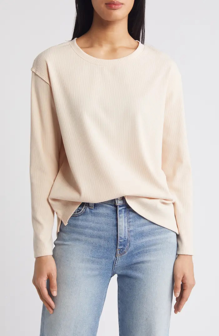 Pleat Black Long Sleeve Rib Top | Nordstrom